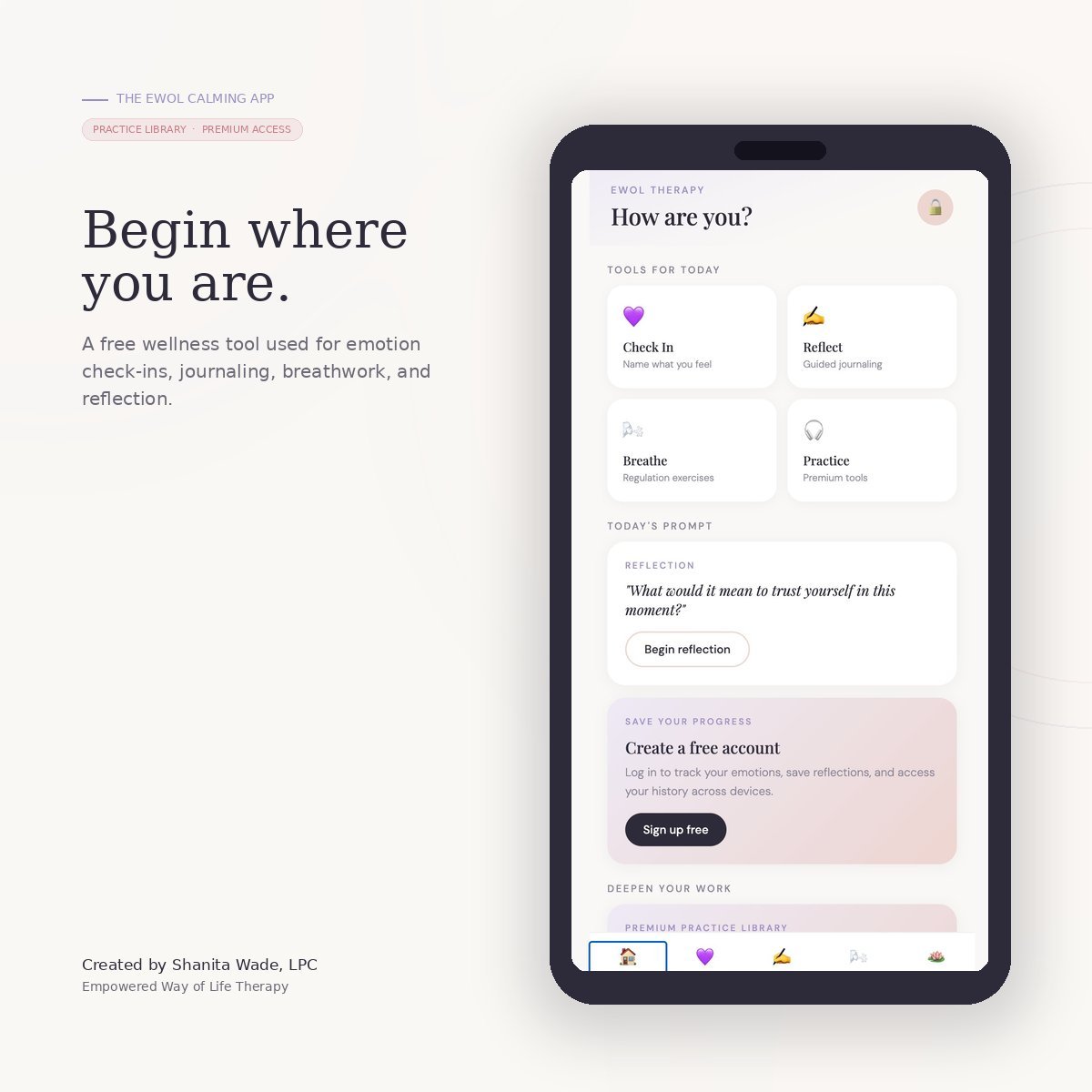 The EWOL Calming App home screen